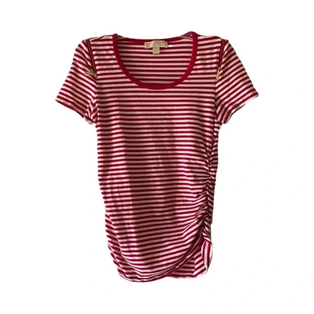 Michael Kors | Red Striped Zippered Ruched Short Sleeve Cotton Tee, Large